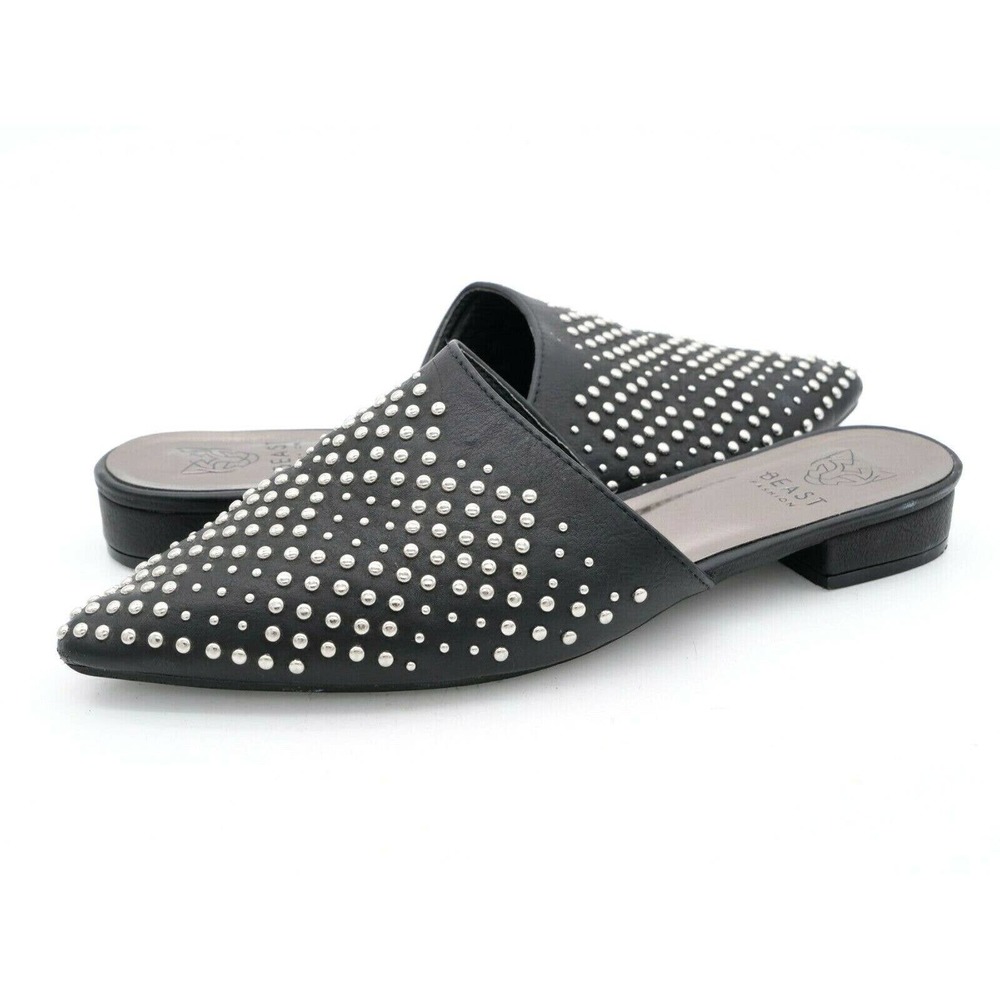 Beast Fashion Mules Womens 6.5 Black Slip On Studded Flat Pointed Toe Slides